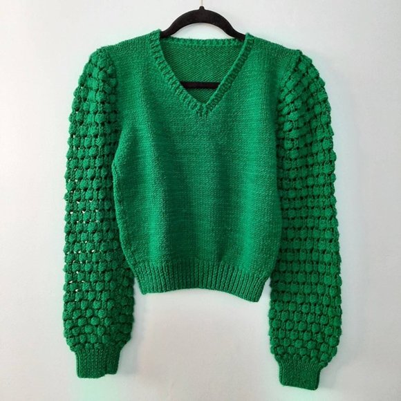 Vtg Hand Knit Open Knit Balloon Sleeve Sweater Cropped V Neck Holiday M - Picture 4 of 6